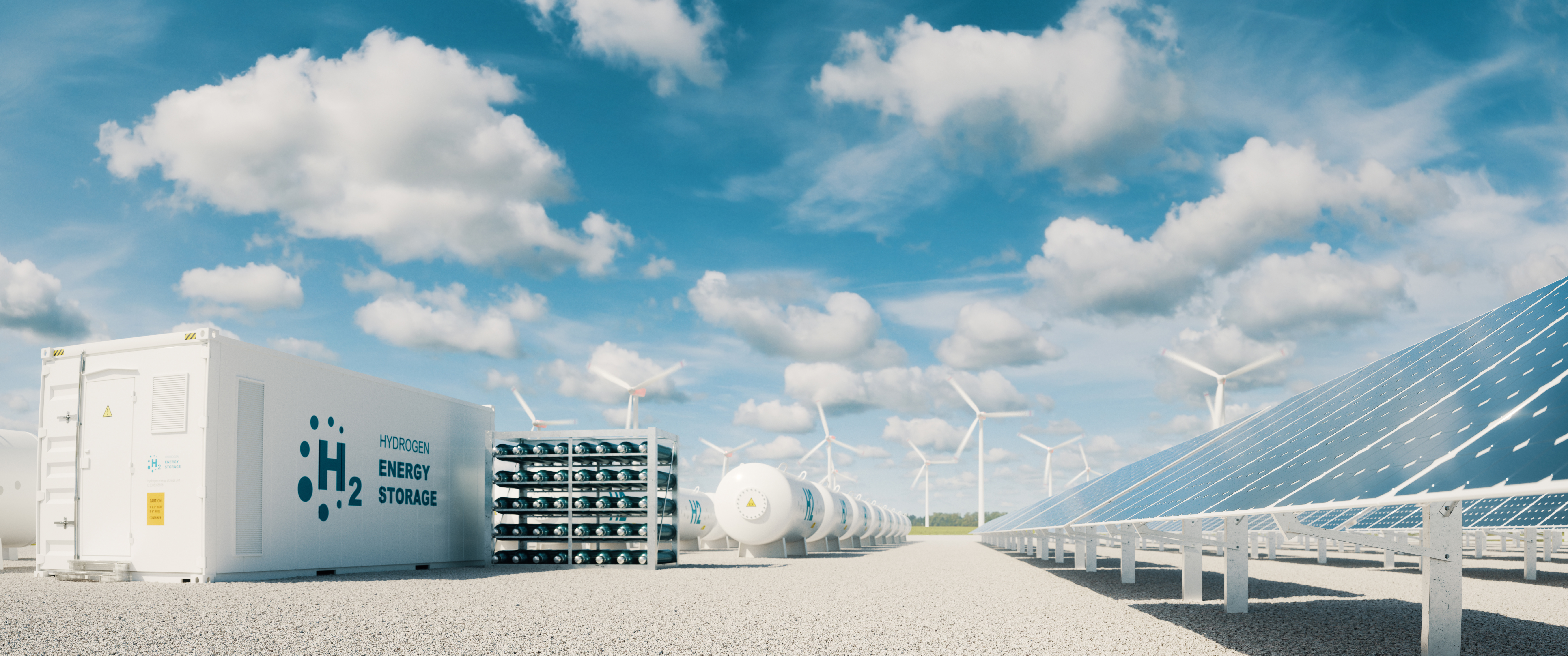 Foto på solpaneler, vindkraftverk och ett vätgaslager