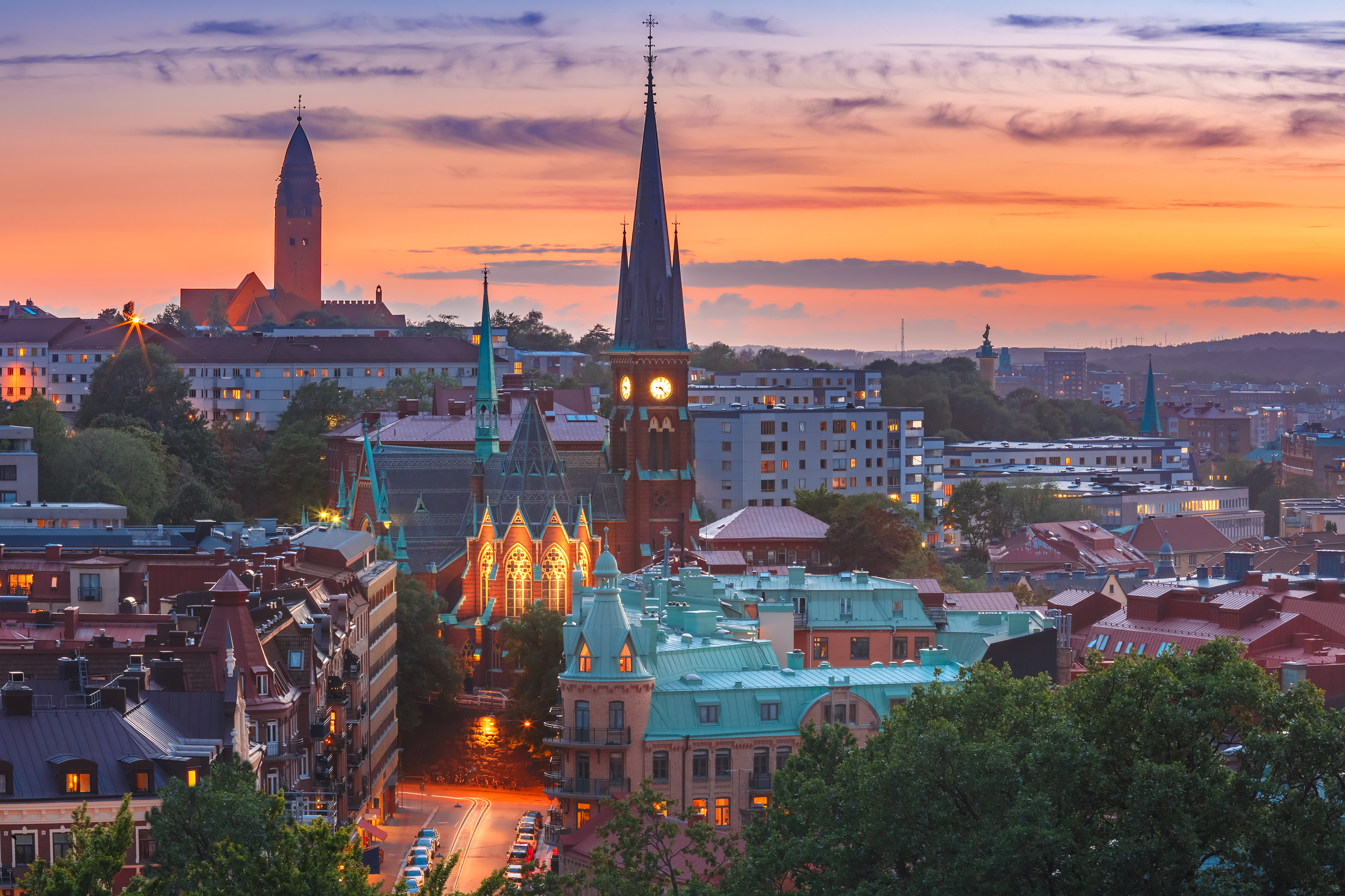 Scenic aerial view of the Old Town with Oscar Fredrik Church in the gorgeous sunset, Gothenburg, Sweden