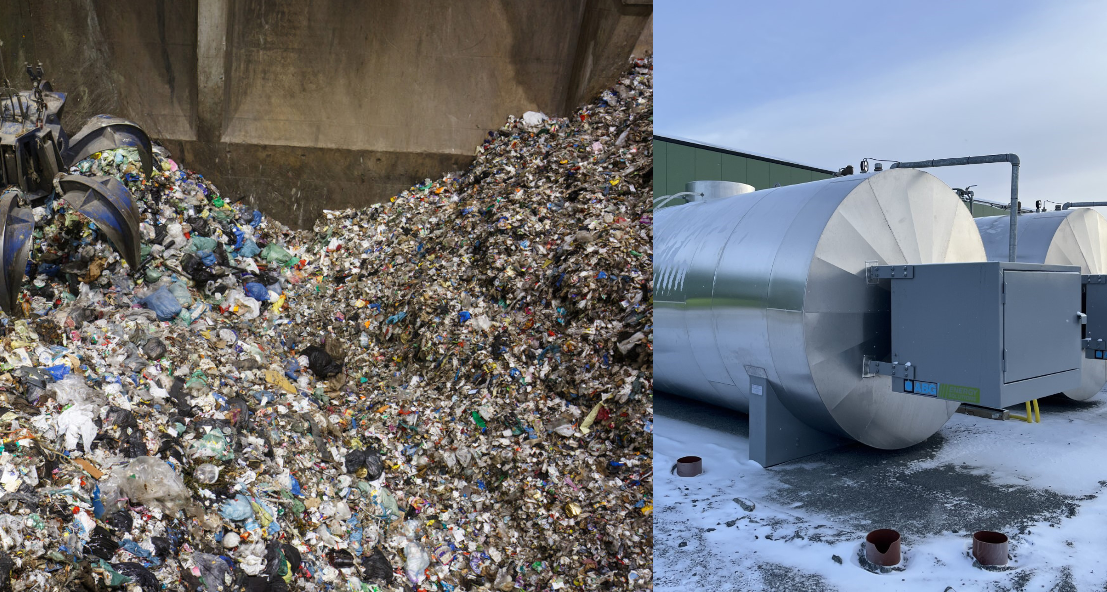 Tvådelad bild till vänster en bunker innehållande restavfall med gripklo, till höger tankar innehållande bioolja.