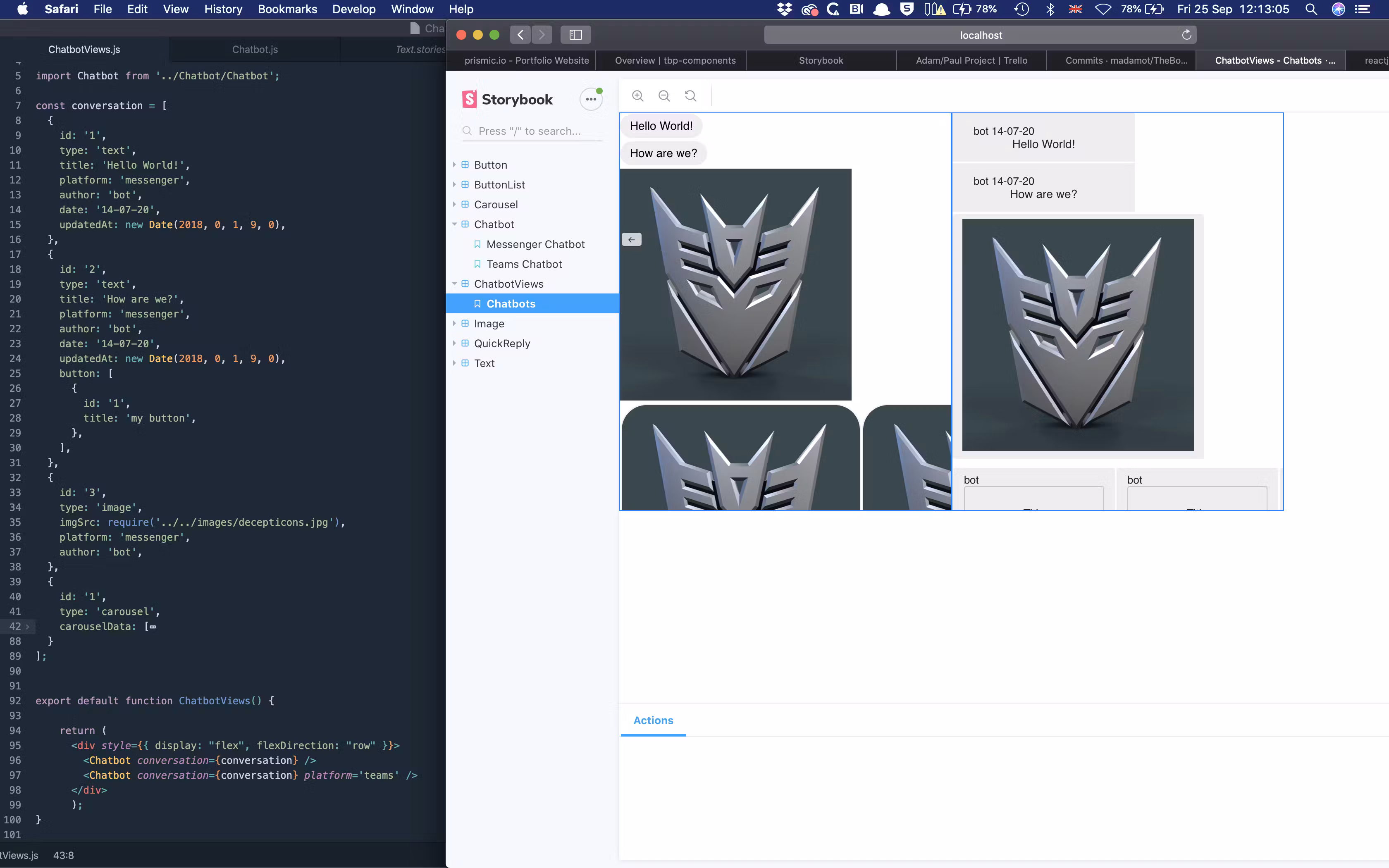Screenshot of chatbot components in Storybook