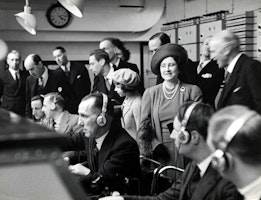 Visit to Broadcasting House of their Majesties King George VI and Queen Elizabeth and their Royal Highnesses Princess Elizabeth and Princess Magaret - in the Control Room, March 1939