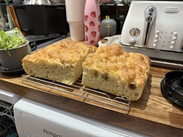 Freshly baked foccacia on the worktop