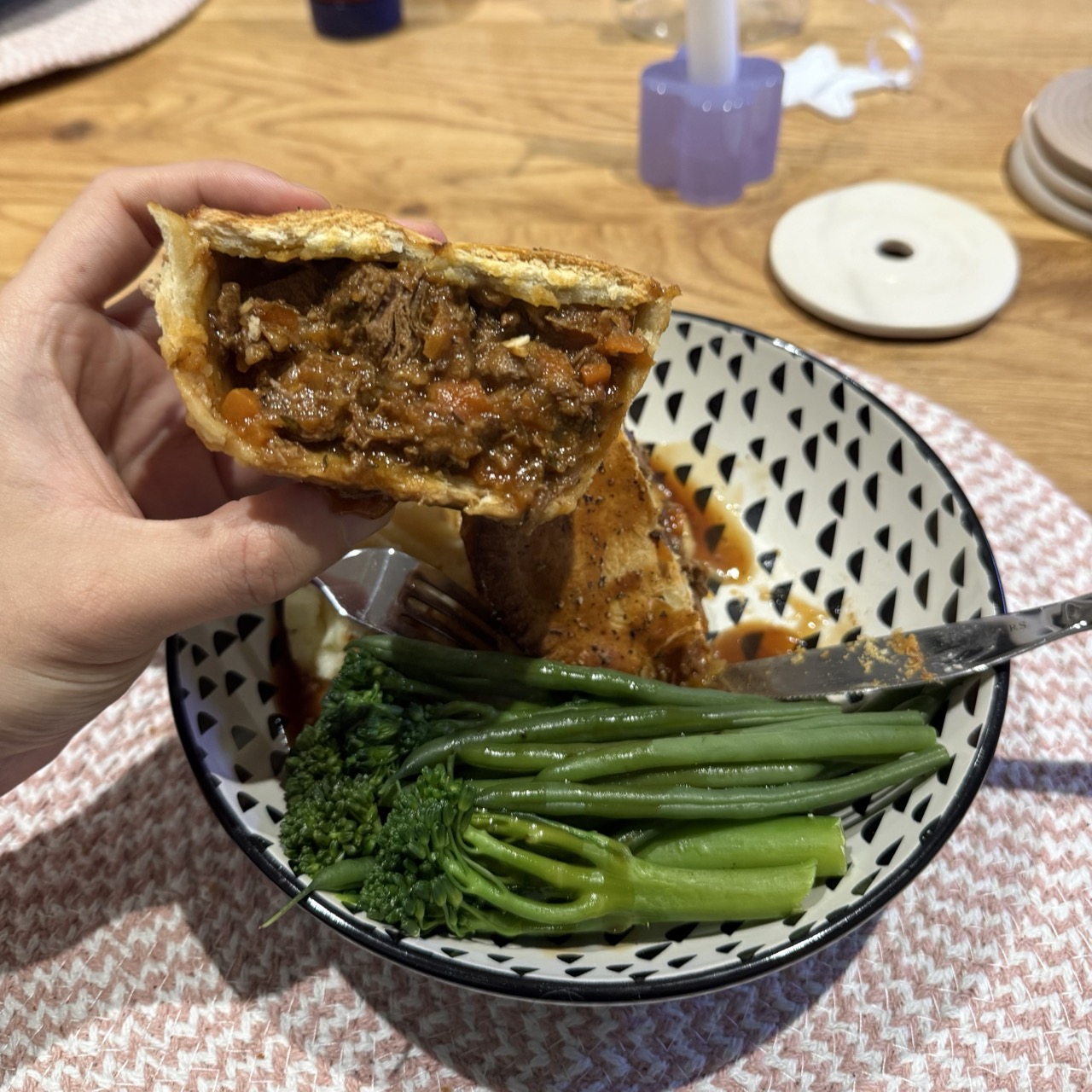 The cross section of a freshly cooked pie