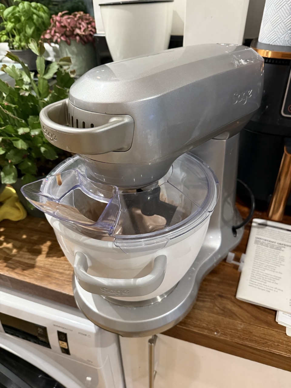 Chocolate hazelnut gelato in the stand mixer