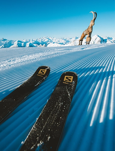 Deux skis noirs reposent sur une piste fraîchement damée, en montagne. Au loin, une grande statue de bouquetin se dresse devant un panorama de sommets enneigés sous un ciel bleu clair.