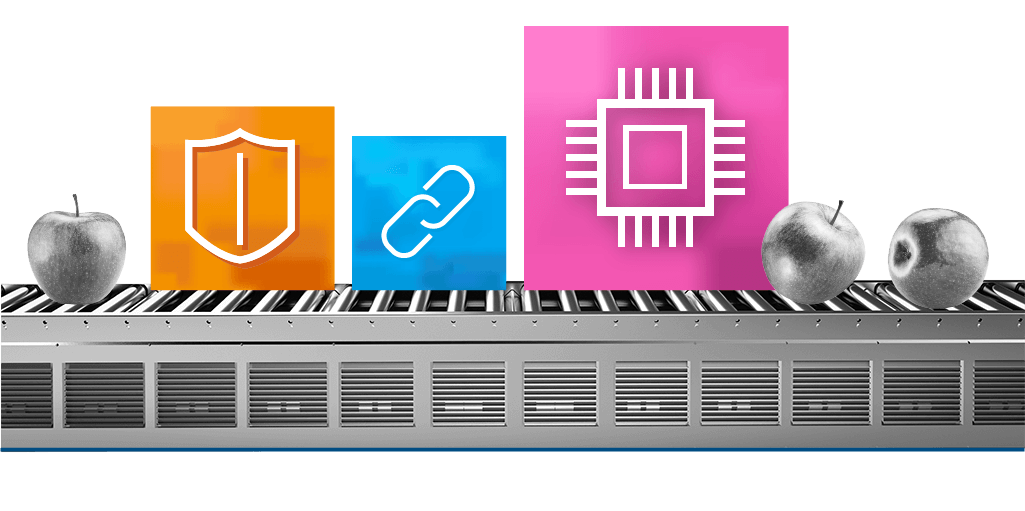 Industrial Communication Service Conveyor belt with apples and boxes that stand for hardware, communication and safety