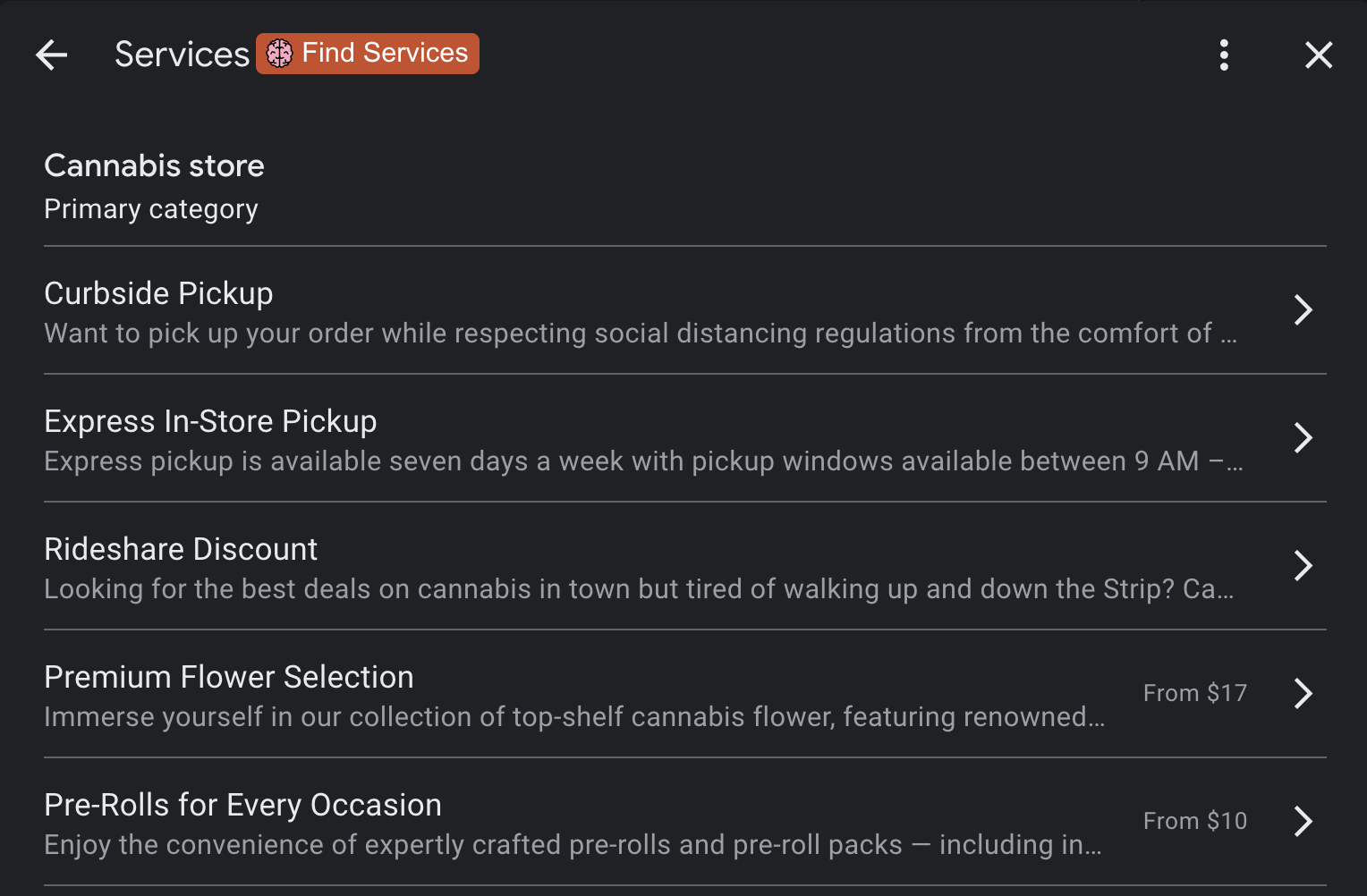 Filled out service section for Oasis Cannabis Dispensary Google Business Profile

