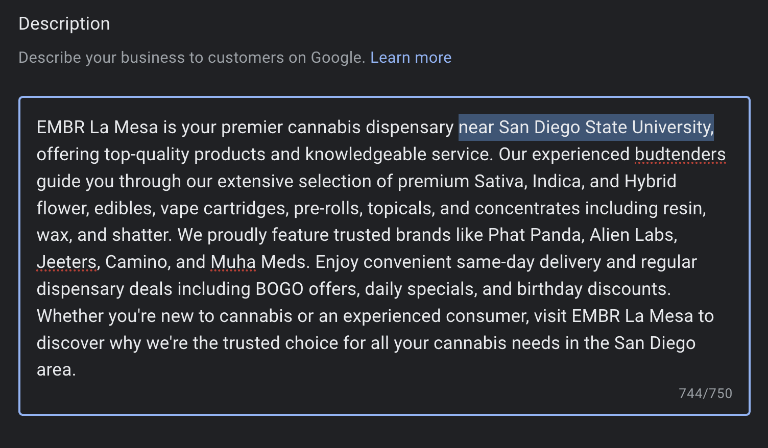 Example of EMBR La Mesa's Google Business Profile descrtion