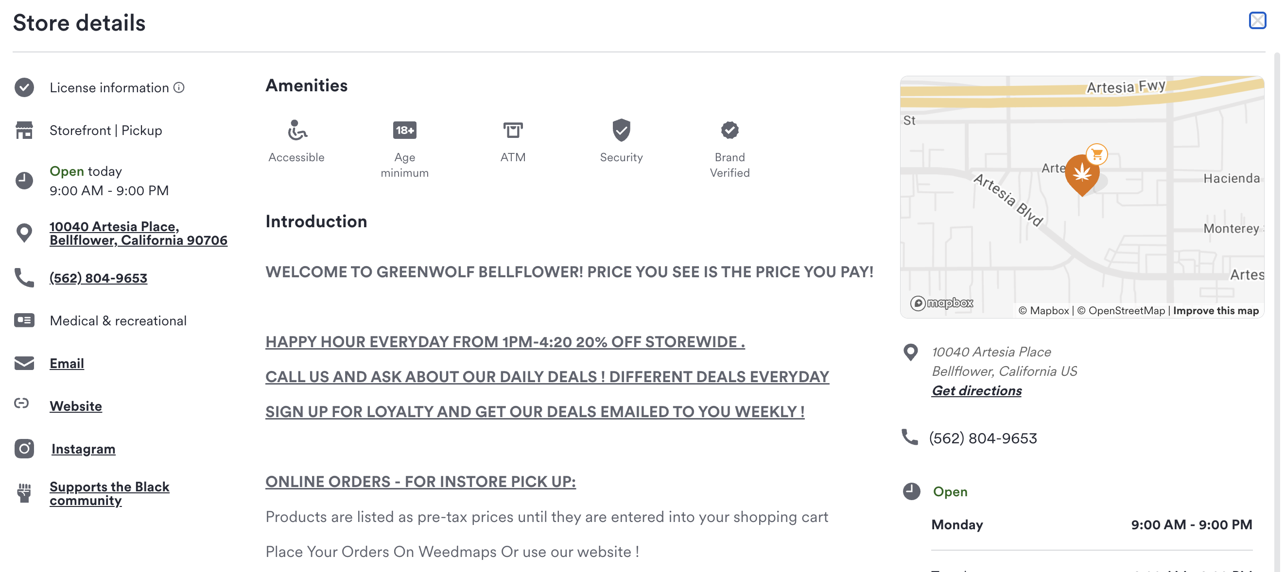 Weedmaps Store info section for Greenwolf Bellflower
