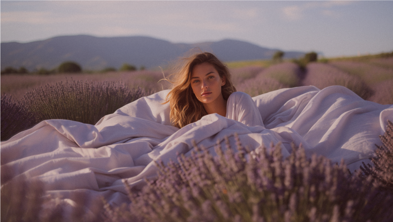 Liggende vrouw gewikkeld in lakens in een toscaans landschap