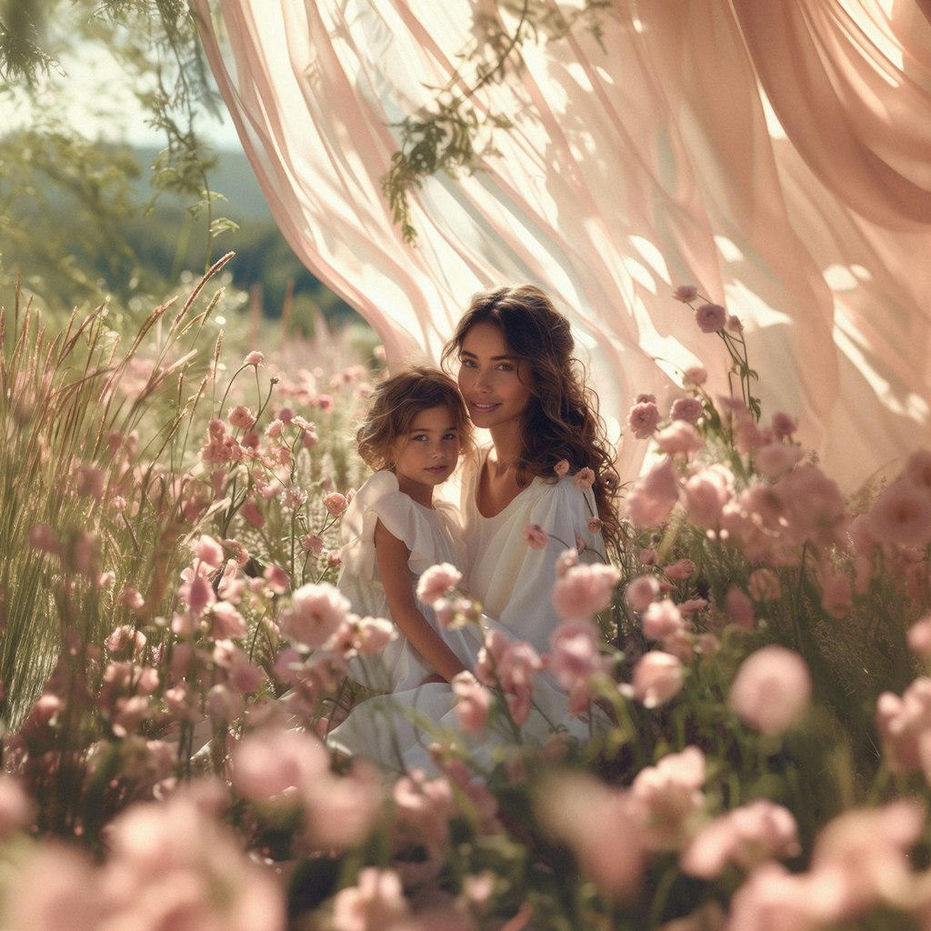 Vrouw en dochter omringd door bloemen in de lente