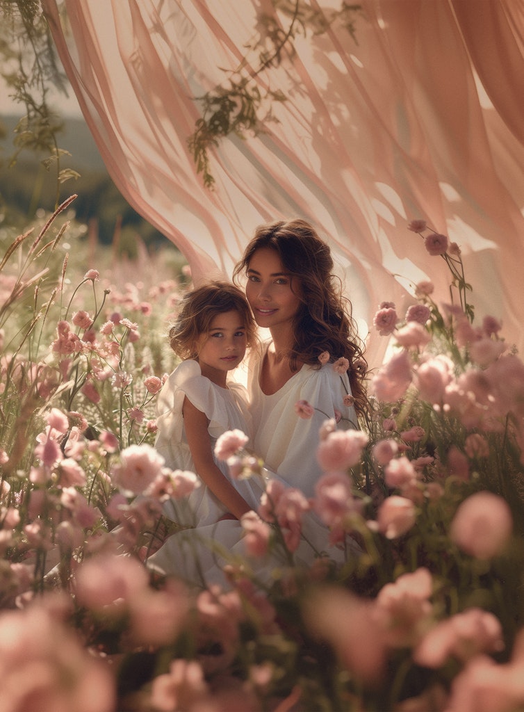 Vrouw en dochter omringd door bloemen in de lente