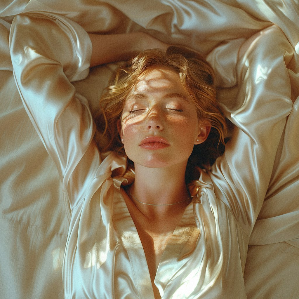 Vrouw liggend in zijden beddengoed