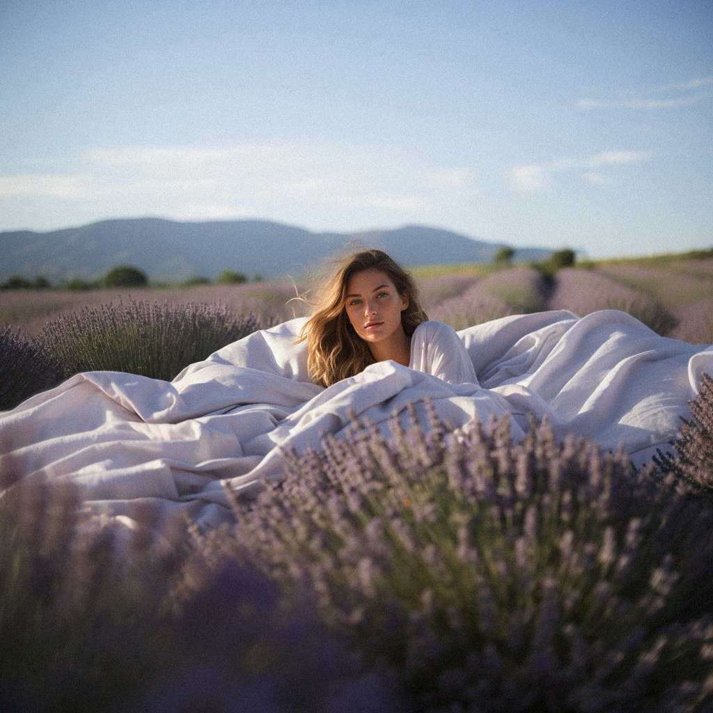Liggende vrouw gewikkeld in lakens in een toscaans landschap