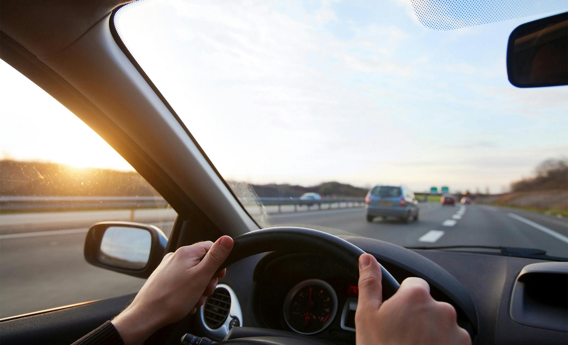 interior view of car driving down road