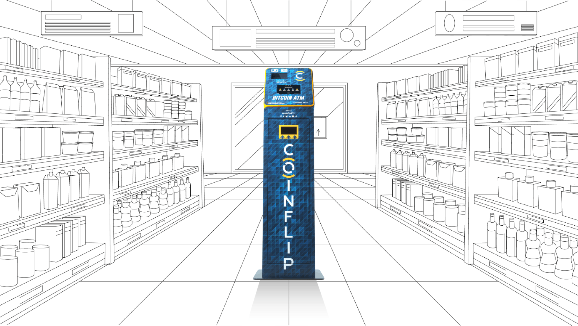 Black and white sketch of a store with CoinFlip kiosk in color