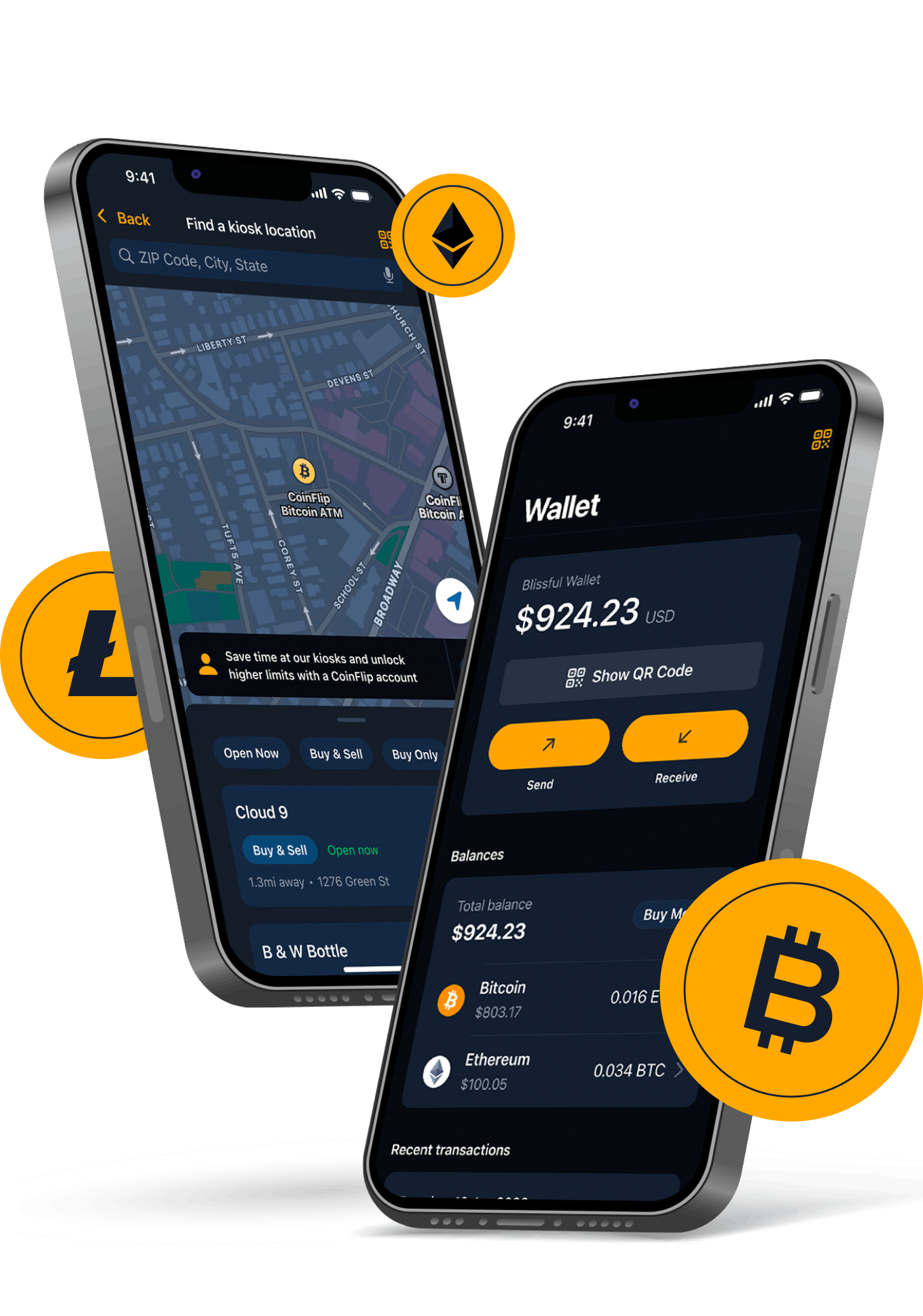 Mobile screens showing the CoinFlip Wallet