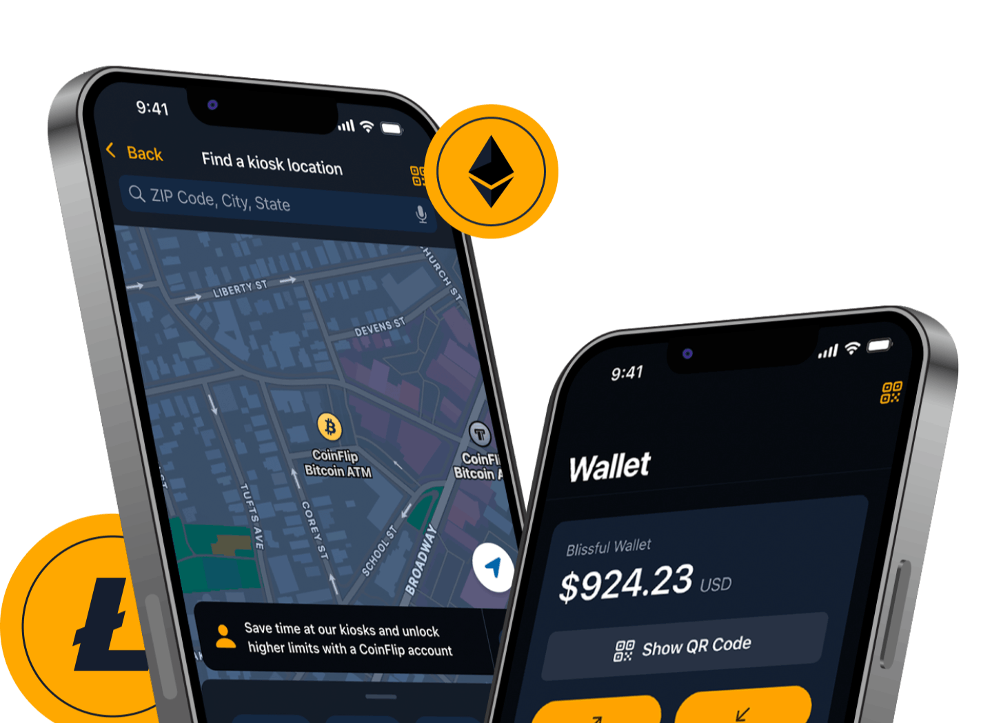 Mobile screens showing the CoinFlip wallet