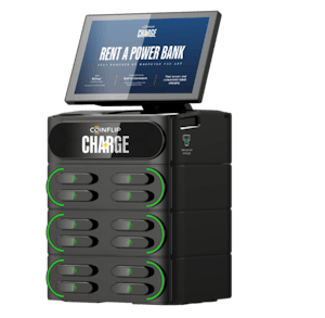 CoinFlip Charge Kiosk Portable power banks for rent, return to any CoinFlip Charge kiosk