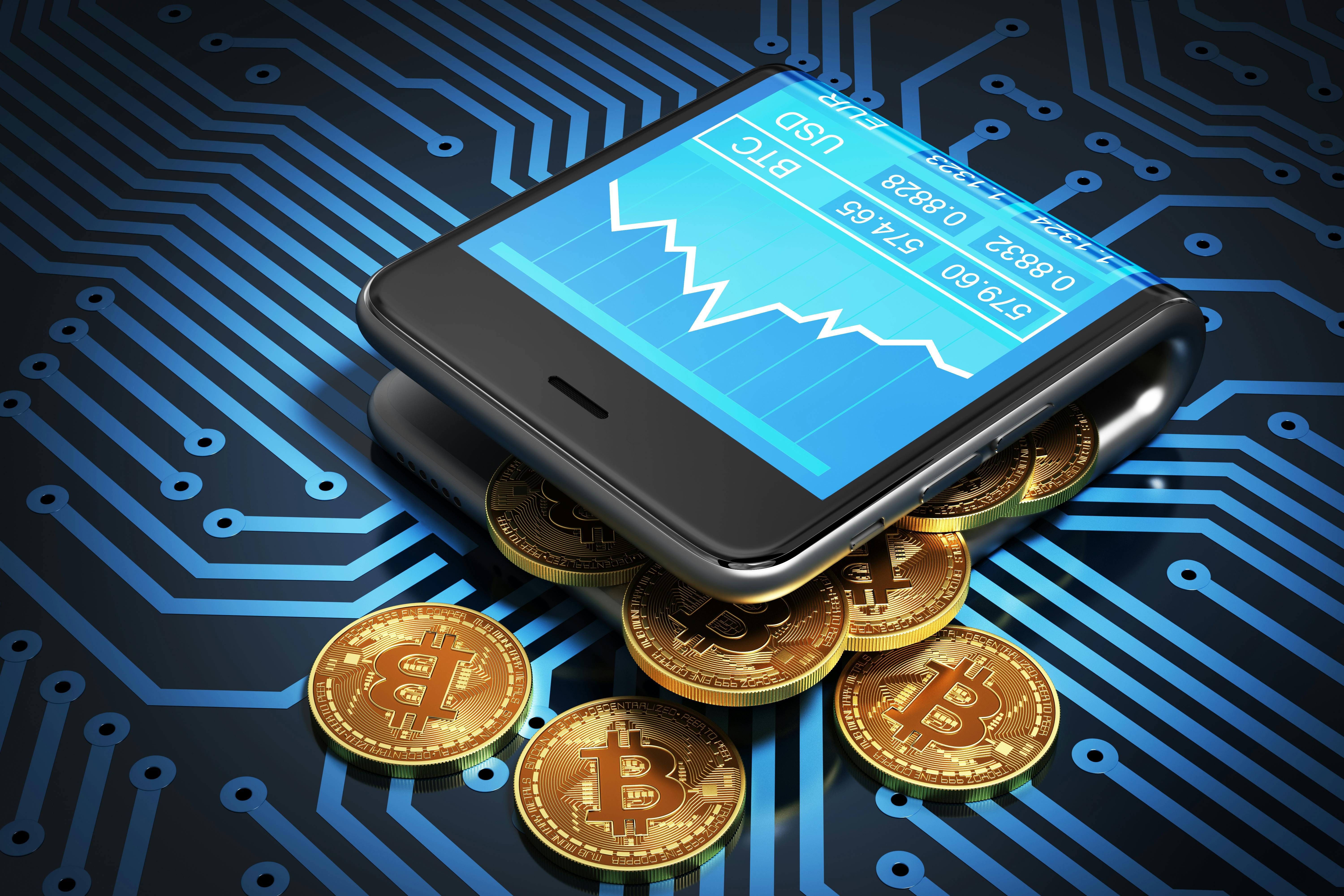 Image of a cell phone folded in half like a wallet, and filled with bitcoin