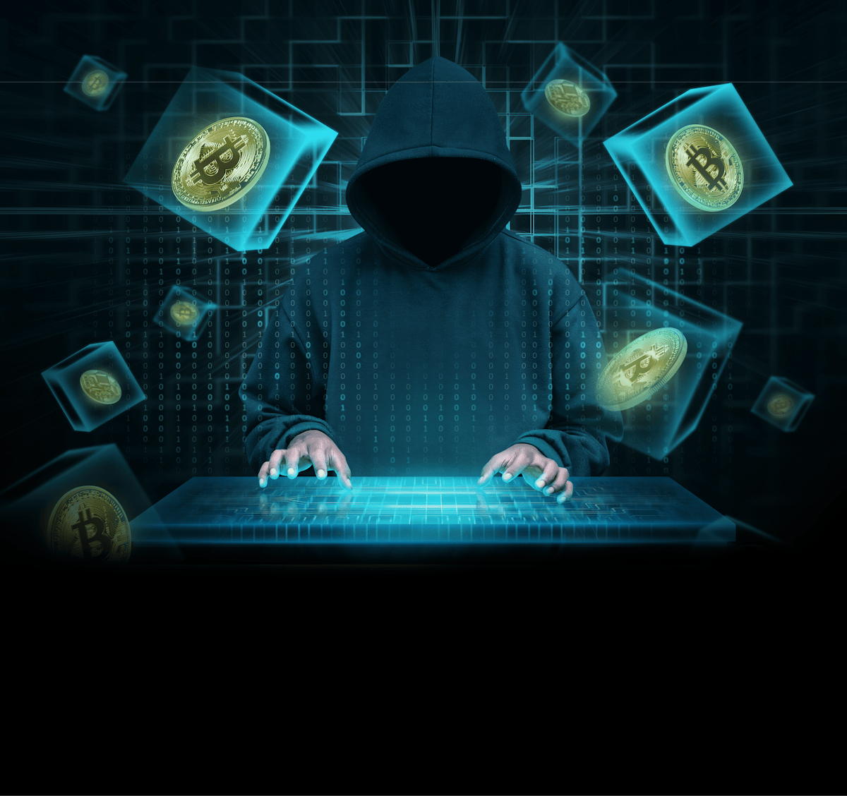 Hooded, nefarious person at keyboard