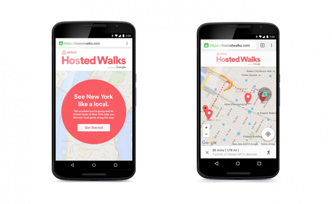 2 mobile device frames with screenshots of Airbnb Hosted Walks interfaces