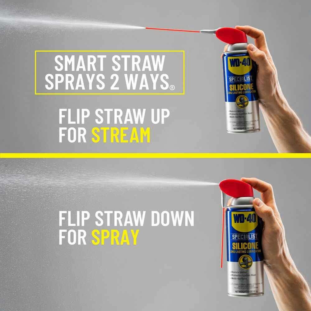 Silicone spray can showing precision straw and broad spray application options
