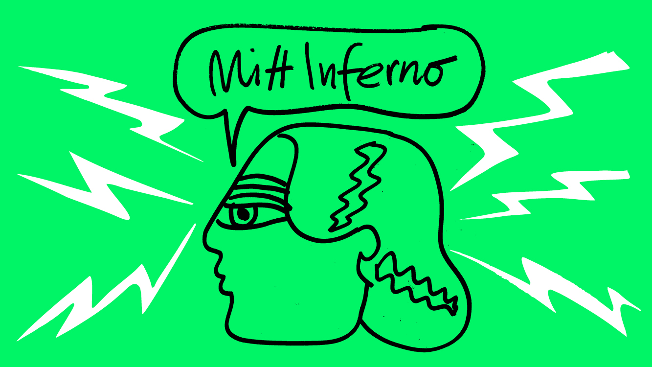 Mot en grön bakgrund med vita blixtar syns ett tecknat huvud i profil och en pratbubbla med texten ''mitt inferno''.
