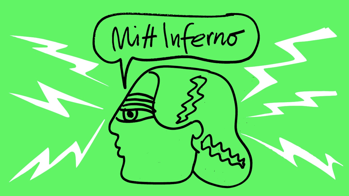 Mot en grön bakgrund med vita blixtar syns ett tecknat huvud i profil och en pratbubbla med texten ''mitt inferno''.