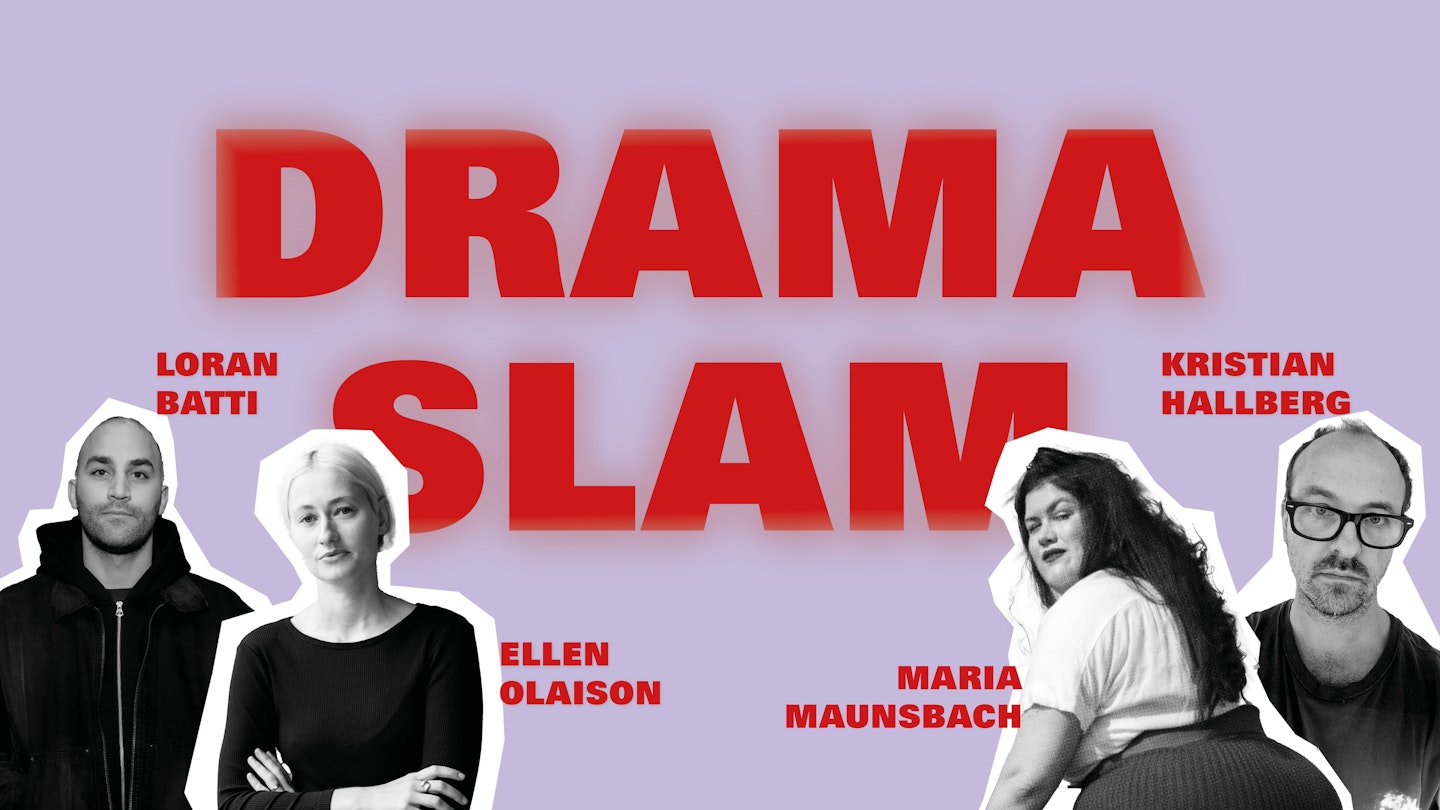 Drama slam i stora, röda bokstäver. På bilden syns Loran Batti, Ellen Olaison, Maria Maunsbach och Kristian Hallberg.