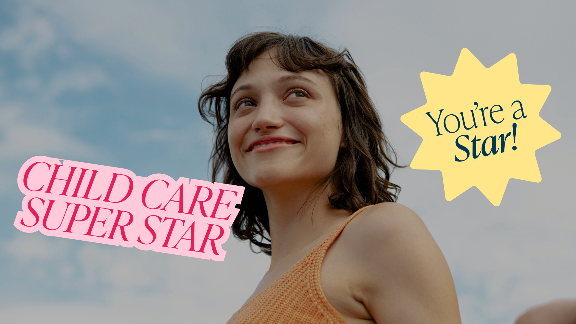 Young woman smiling with Child Care Super Star and You're a Star stickers overlayed