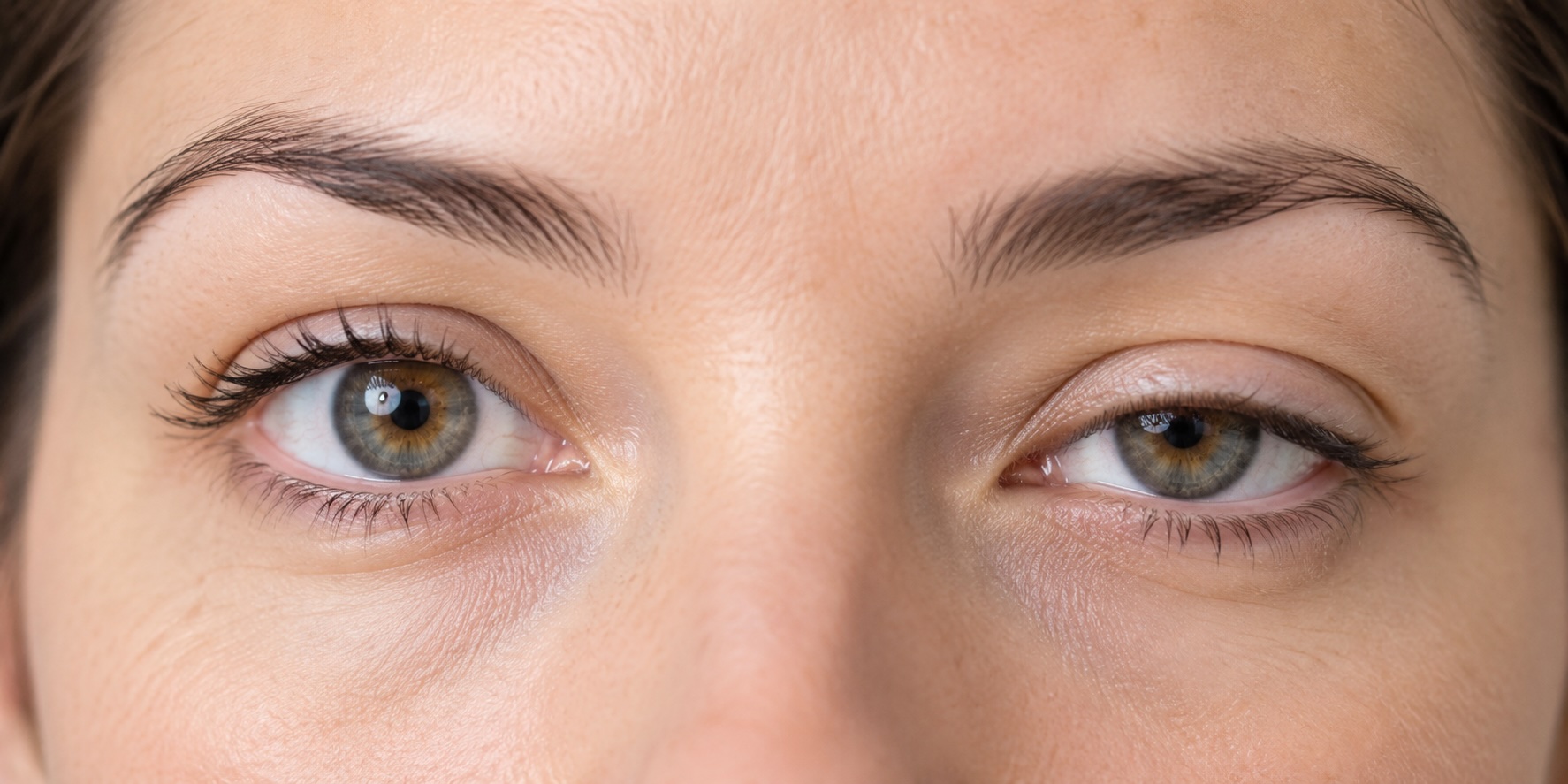 Close-up of a woman’s eyes showing slight eyelid asymmetry.