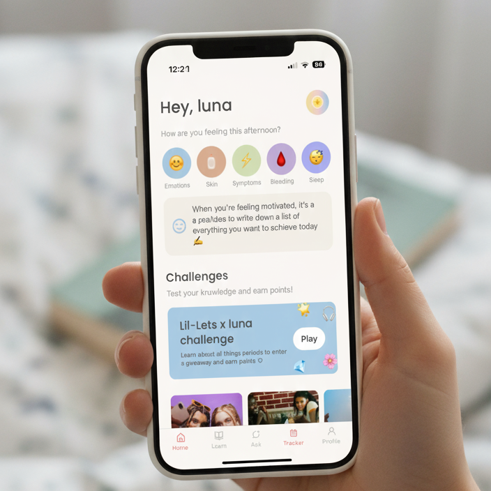luna app home screen reading "Hey, luna" with mood-check icons for Emotions, Skin, Symptoms, Bleeding and Sleep, a daily tip, and a "Challenges" section promoting a "Lil-Lets x luna challenge" to learn about periods and win points.