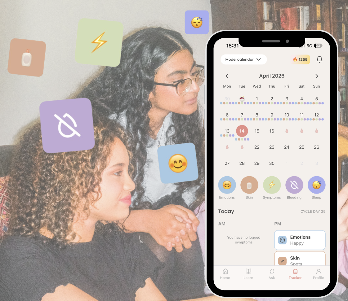 Two teenage girls sitting together, one with curly hair and glasses, overlaid with icon graphics for emotions, skin, symptoms, bleeding and sleep, next to a phone showing the luna app calendar for April 2026 with cycle day 25, logged emotions "Happy" and skin "Spots", and a streak count of 1255.