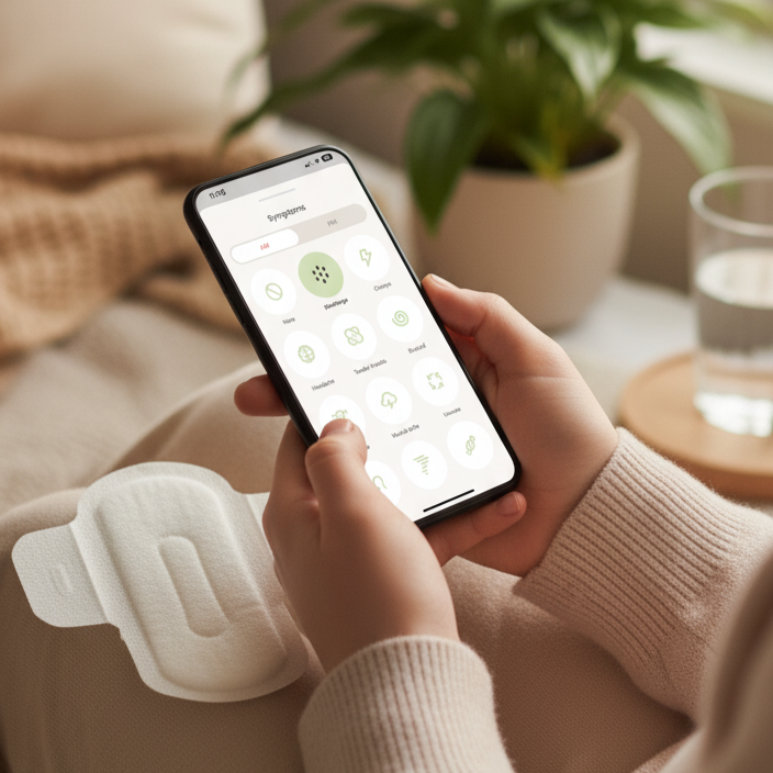 Hands holding a phone showing the luna app's symptom tracker screen, with discharge highlighted.