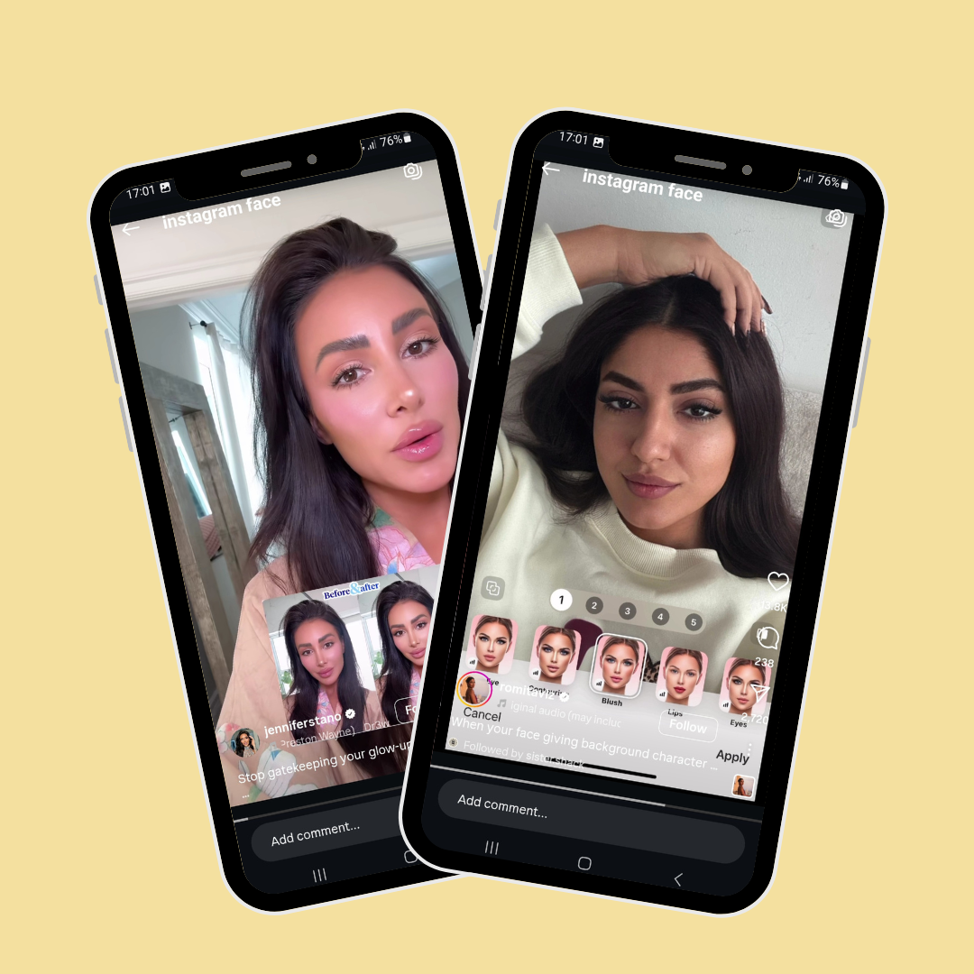 Two phone screens showing "Instagram face" filter apps with before-and-after comparisons of a woman's face.
