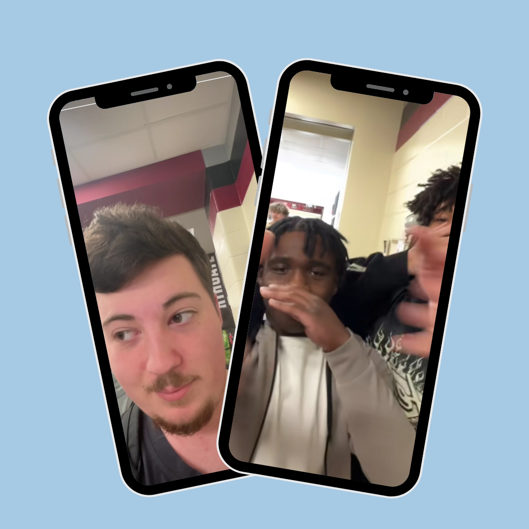 Two phone screens showing candid TikTok videos of people in a school hallway, taken by flipping the camera without their knowledge.