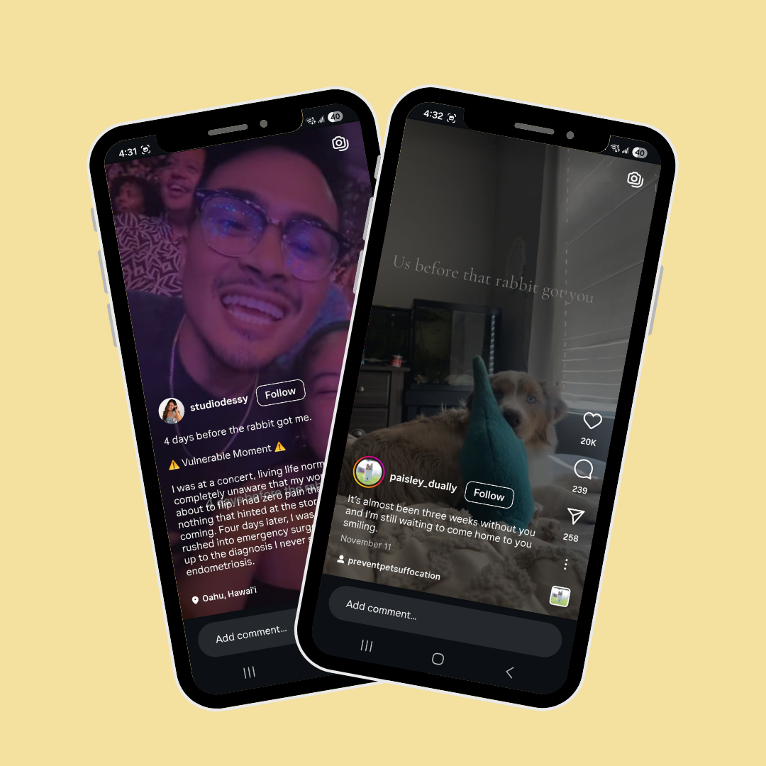 Two phone screens showing TikTok videos captioned with people sharing life-changing moments as part of the "the rabbit got me" trend.