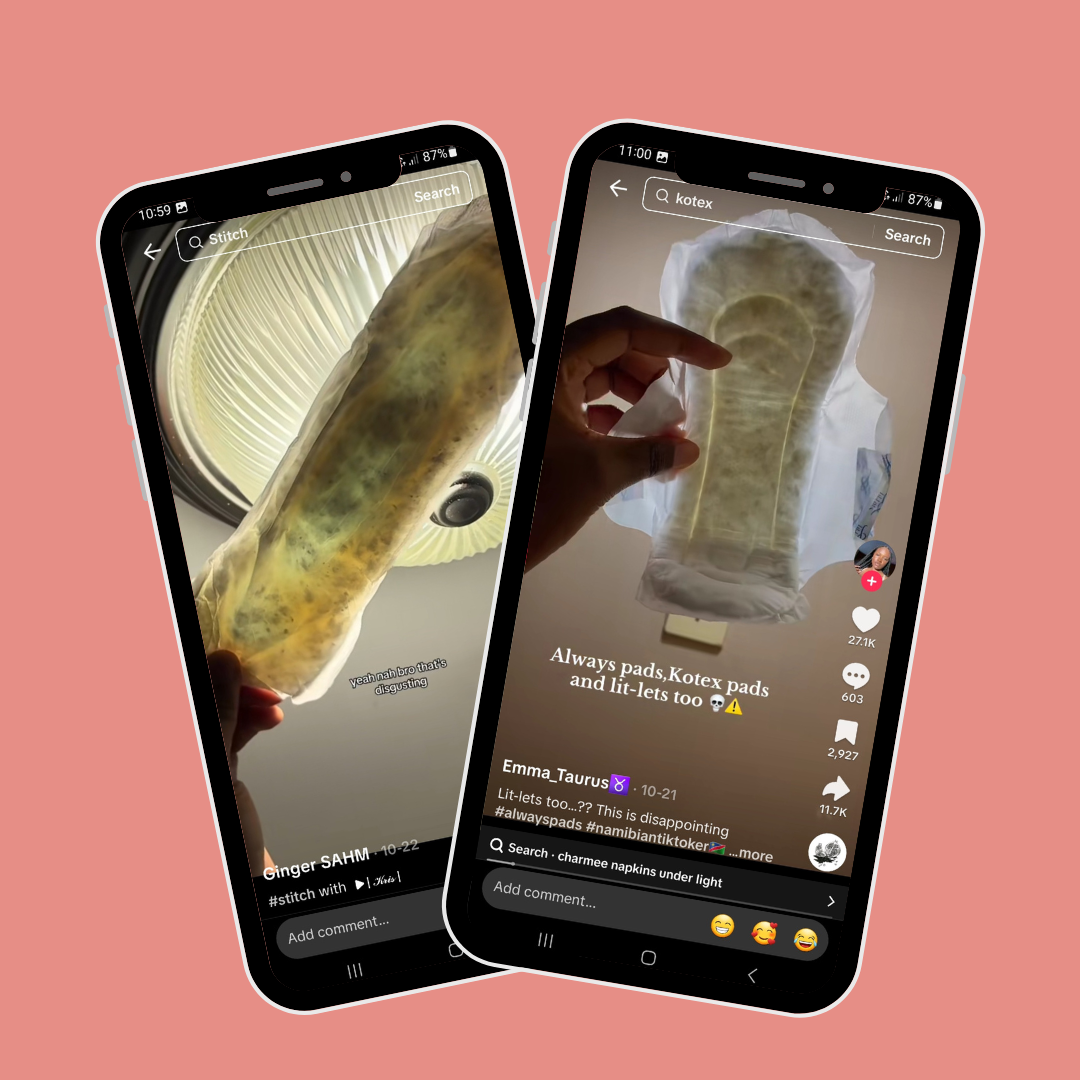 Two phone screens showing TikTok videos of period pads that appear discoloured, with users claiming the pads look mouldy.