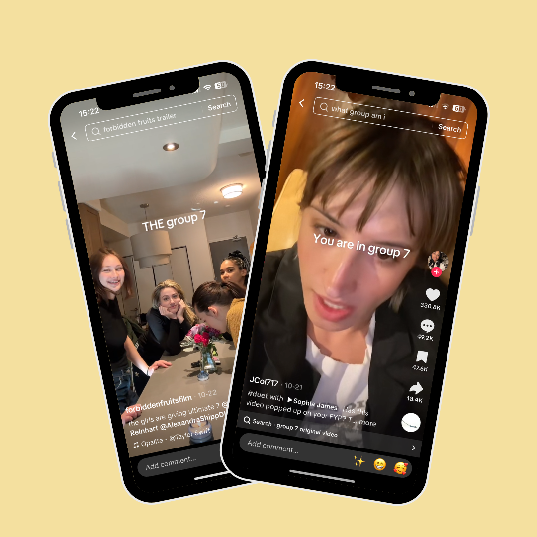 Two phone screens showing TikTok videos related to the "group 7" trend, with a group of teenagers around a table on one screen and a person talking on the other.