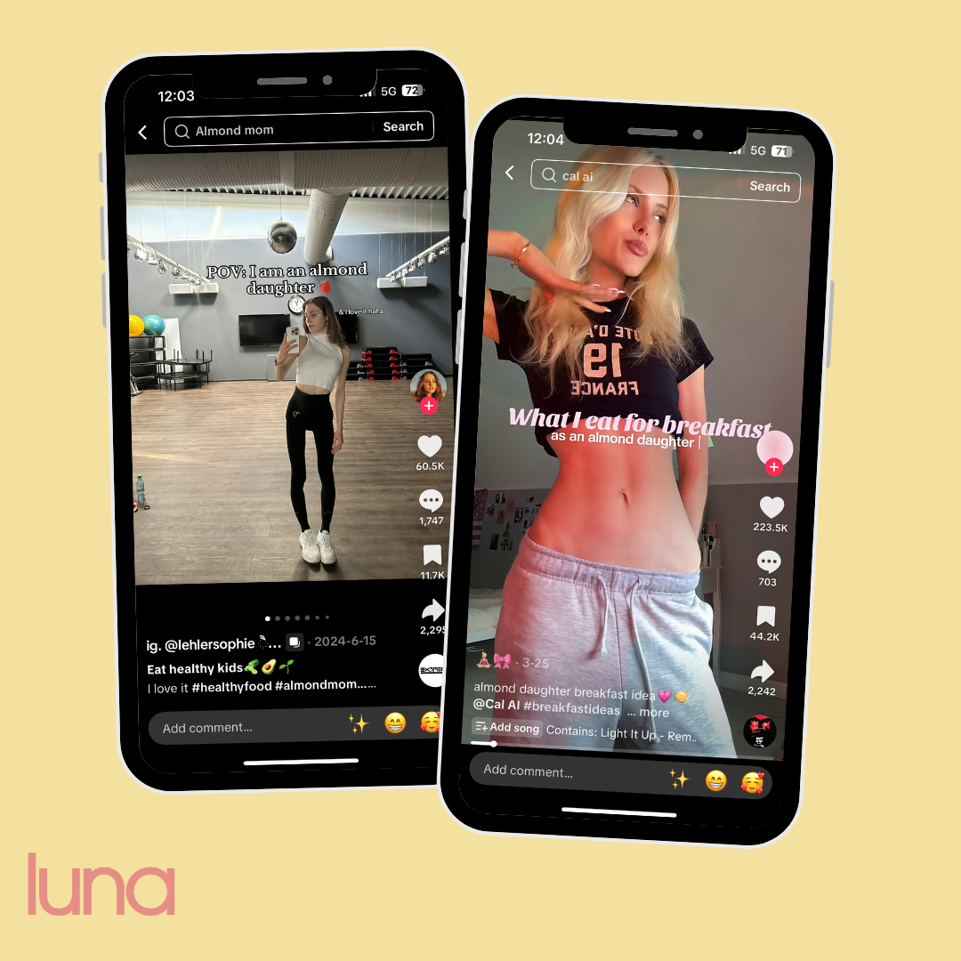 Two phone screens showing TikTok videos about "almond daughter" content, with the luna logo below.