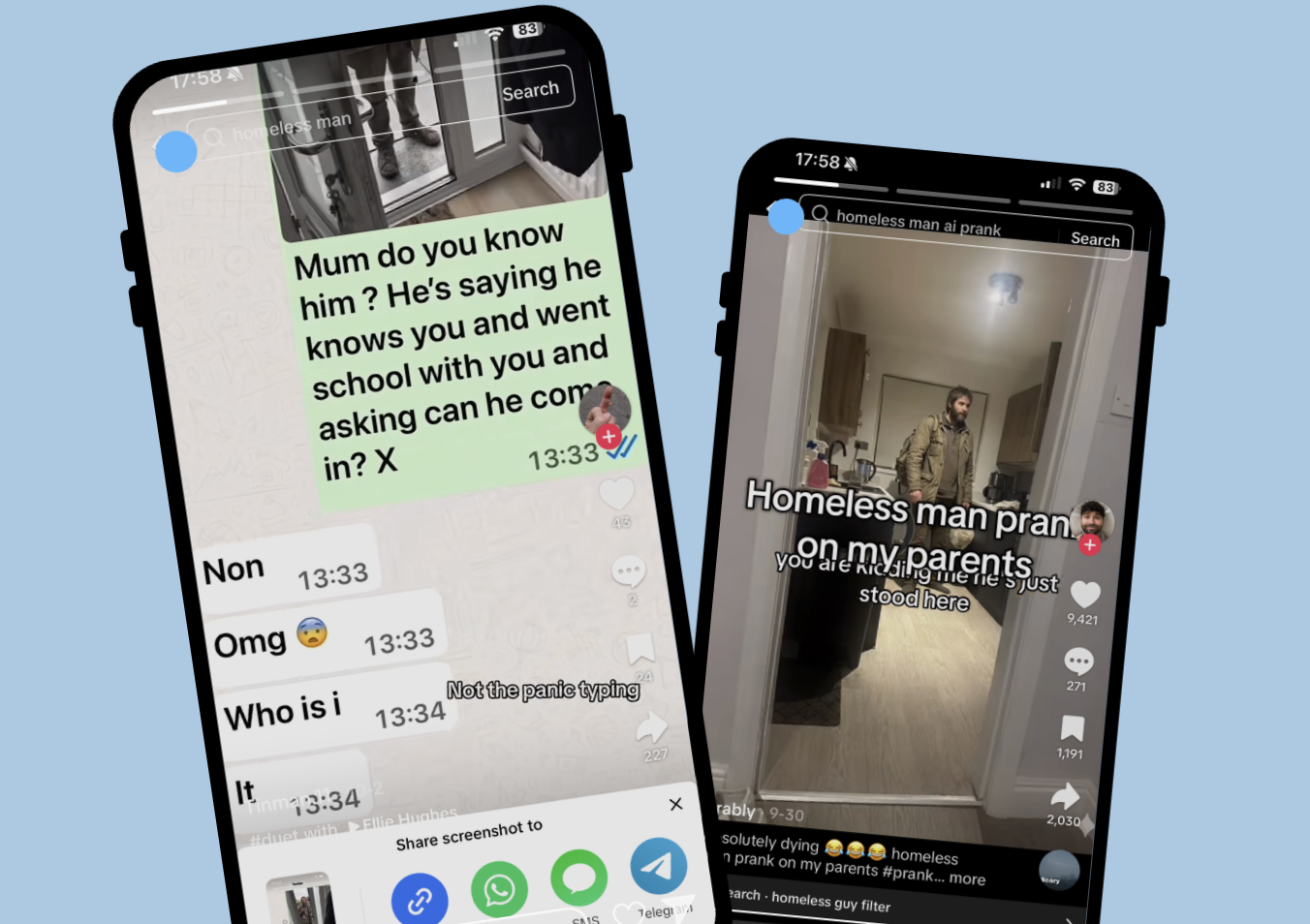 Two phone screens showing a TikTok video of an AI-generated "homeless man" prank alongside a panicked text exchange between a mother and daughter reacting to it.