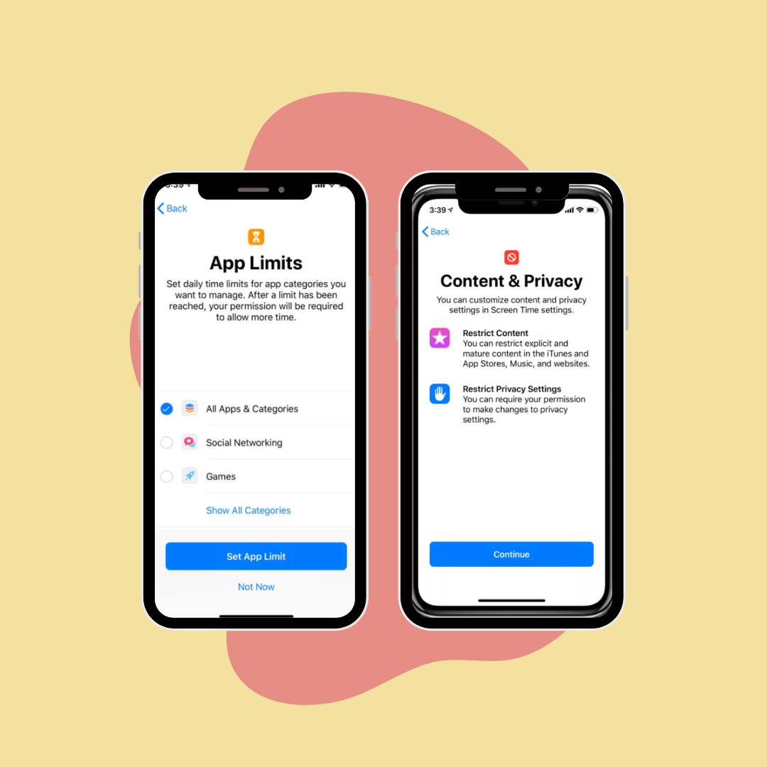 Two iPhone screens showing Screen Time settings for App Limits and Content & Privacy restrictions.