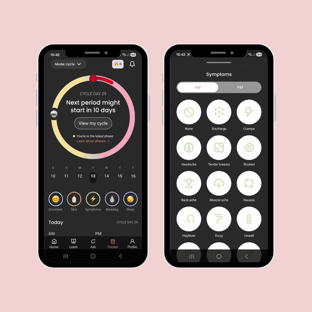Two phone screens showing the luna app's cycle tracker with cycle day and phase, and a symptoms logging screen with options like discharge, cramps, headache and bloated.