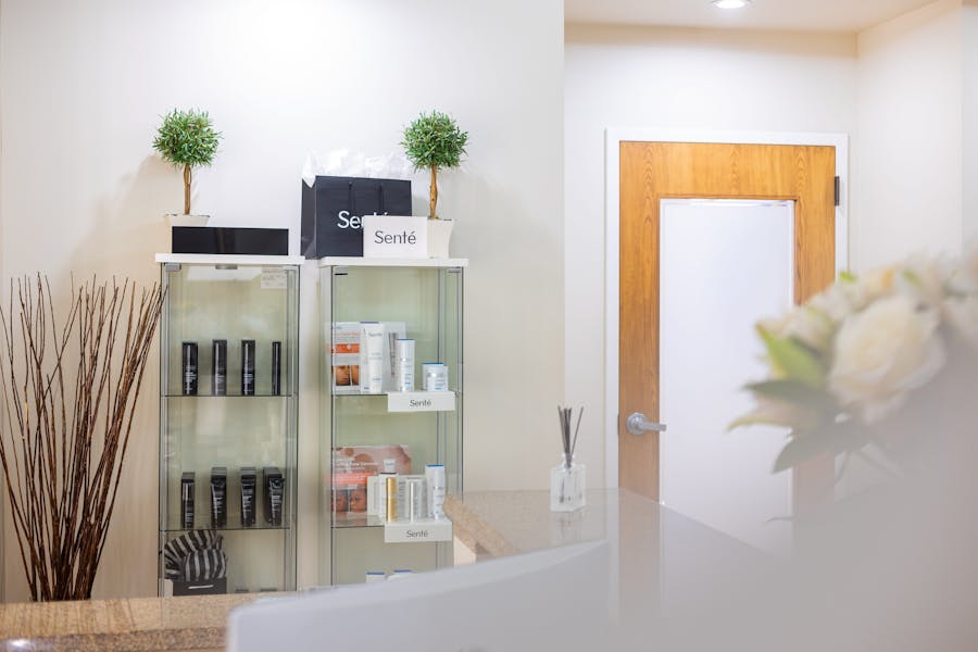 Skincare products in Dr. Bolitho's office