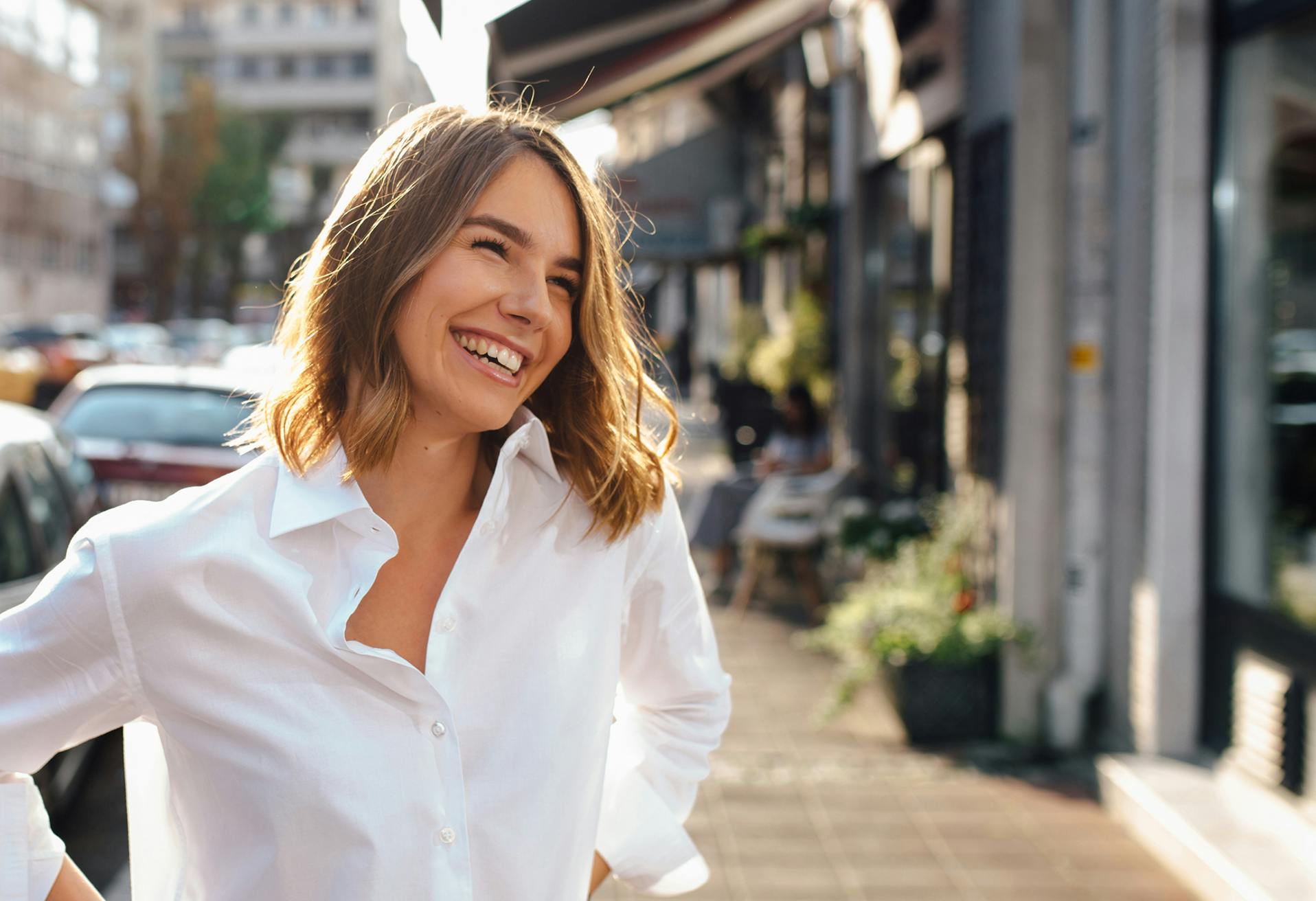 Woman in downtown market smiling