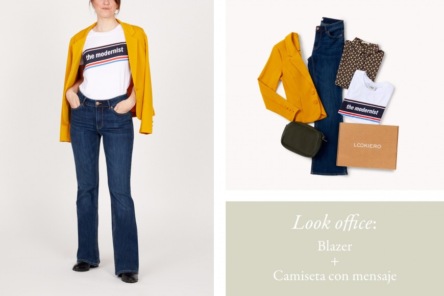 look jeans flare con blazer amarilla