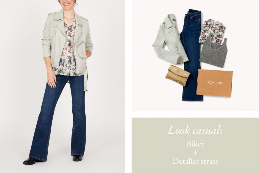 jeans flare con biker de ante y top floral