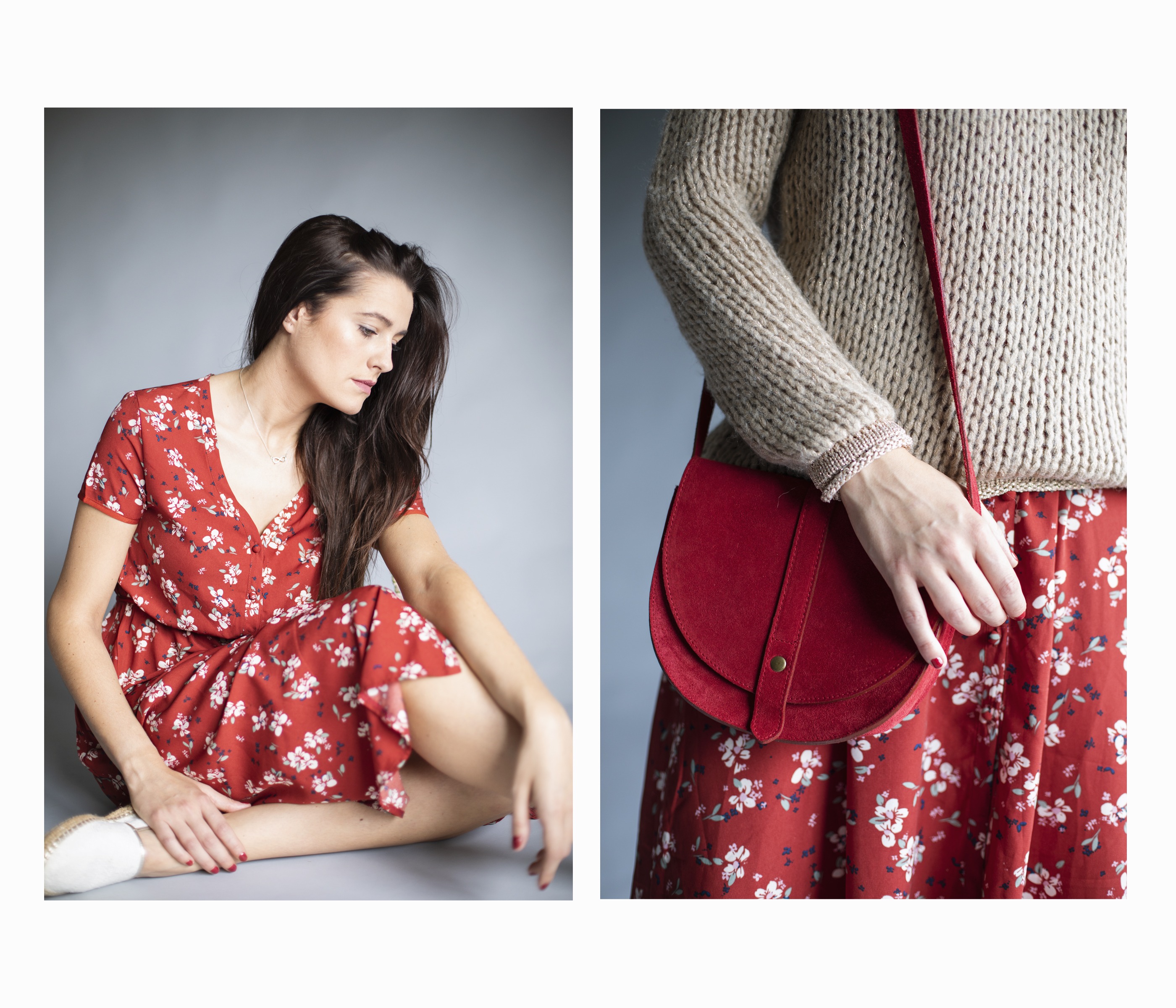 Vestido rojo midi con estampado de flores