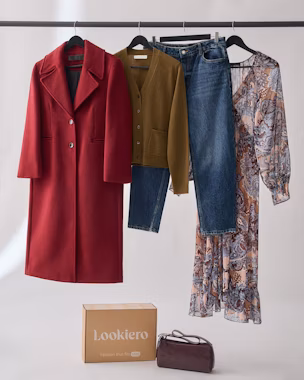 Seasonal Outfits for Fall-Winter-Spring: Red coat, olive green cardigan, denim jeans, floral print dress, and brown handbag. Lookiero inspiration for combining elegant, versatile, and timeless pieces.